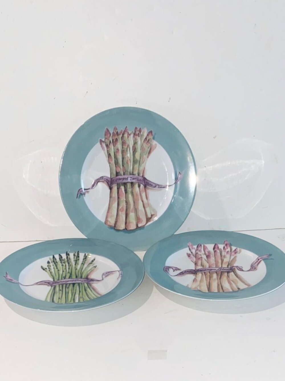 Williams Sonoma Asparagus Salad Plates Set of 3 Blue Green 8 1/4" Japan Retired